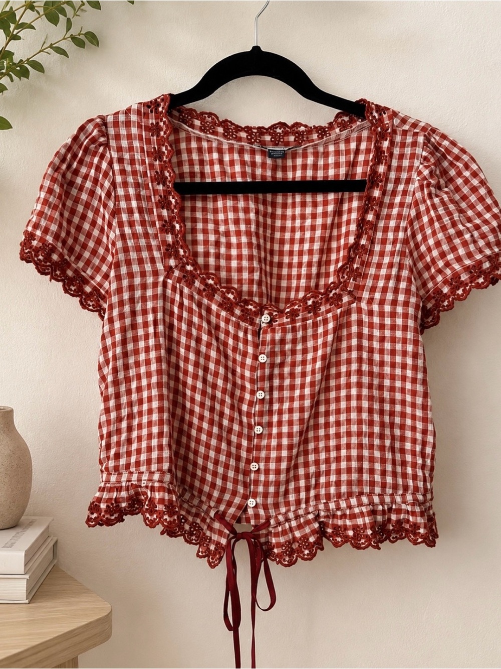 American Eagle Outfitters Red Gingham Lace-Trim Button Front Blouse SMALL NewNWT